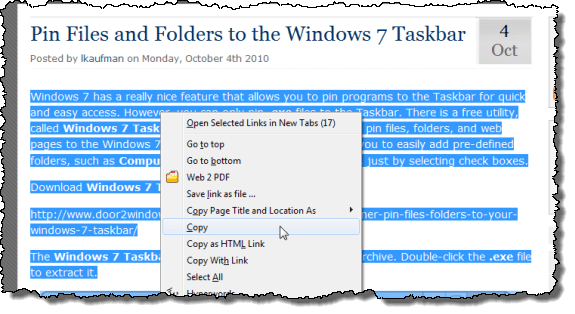 Copying text from a web page
