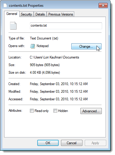 Change button on the General tab on the Properties dialog box