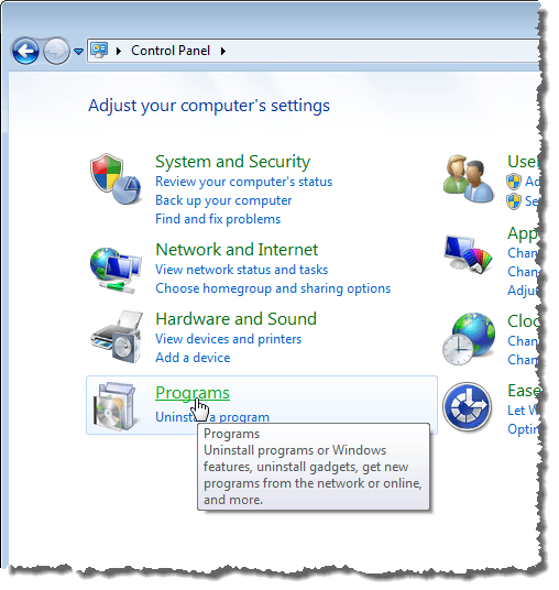Clicking the Programs link in Windows 7