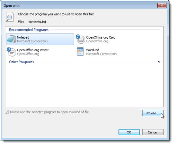 Choosing a default program for the selected=