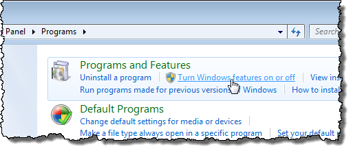 Clicking Turn Windows features on or off link in Windows 7
