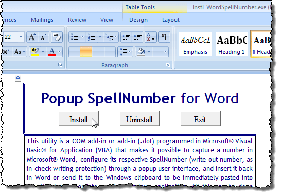 Popup SpellNumber installation document