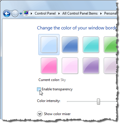 Disabling transparency in Windows 7