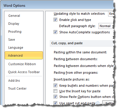 Selecting the Advanced section