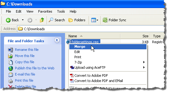 Merging the foldersettings.reg file
