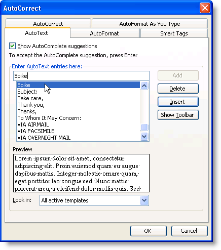 Displaying the Spike in Word 2003