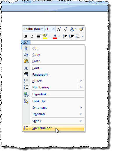 Selecting SpellNumber from the popup menu