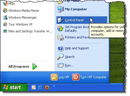 Opening the Control Panel in Windows XP