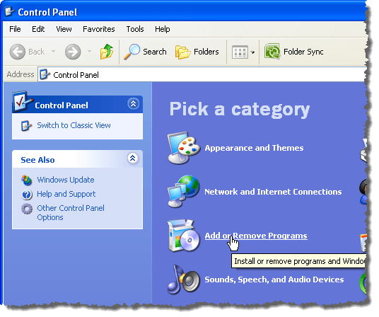Clicking Add or Remove Programs link in Windows XP
