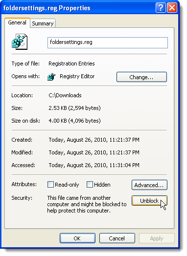 Unblocking the foldersettings.reg file