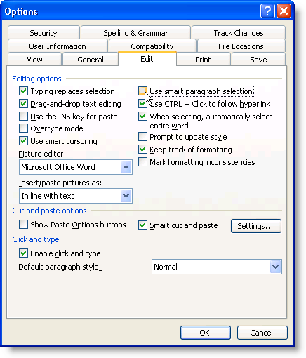Unselecting Use smart paragraph selection in Word 2003