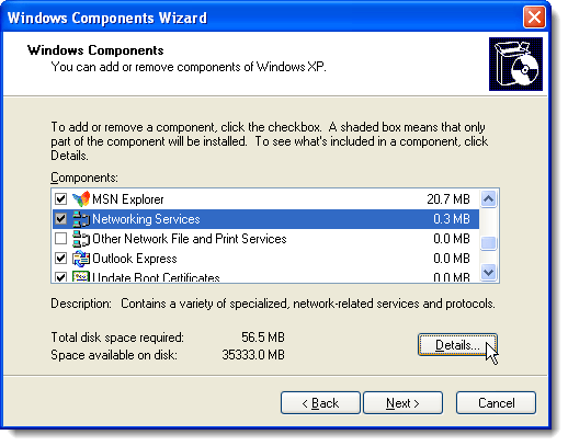 Clicking Details on the Windows Components Wizard