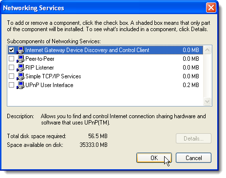 Details for Networking Services in Windows XP