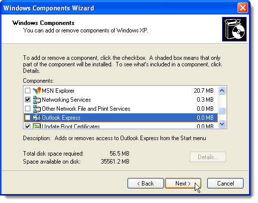 Clicking Next on Windows Components screen