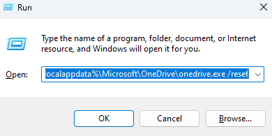 Run dialog box with a long string path entered in it