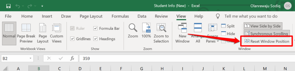 Reset Window position in Excel